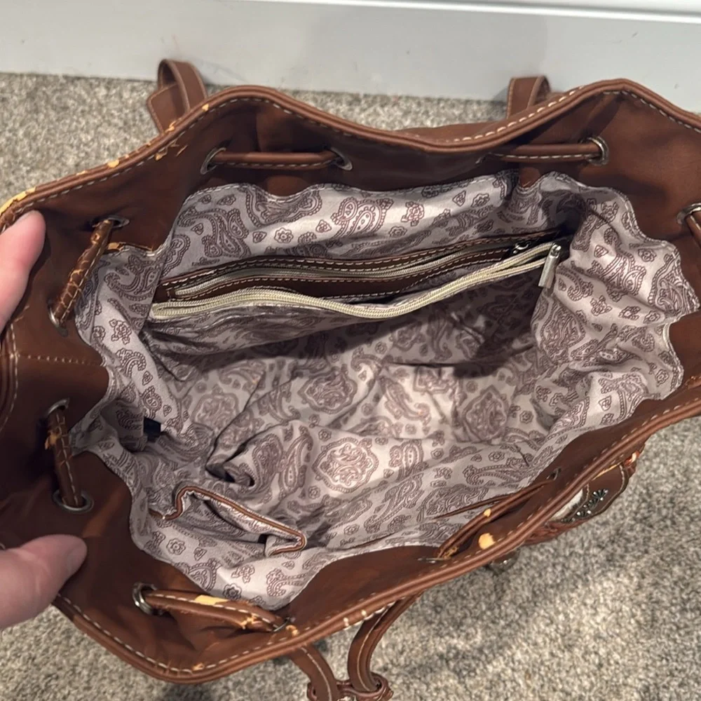 Cream and Brown Genuine Cowhide Leather Western Backpack with Rustic Charm